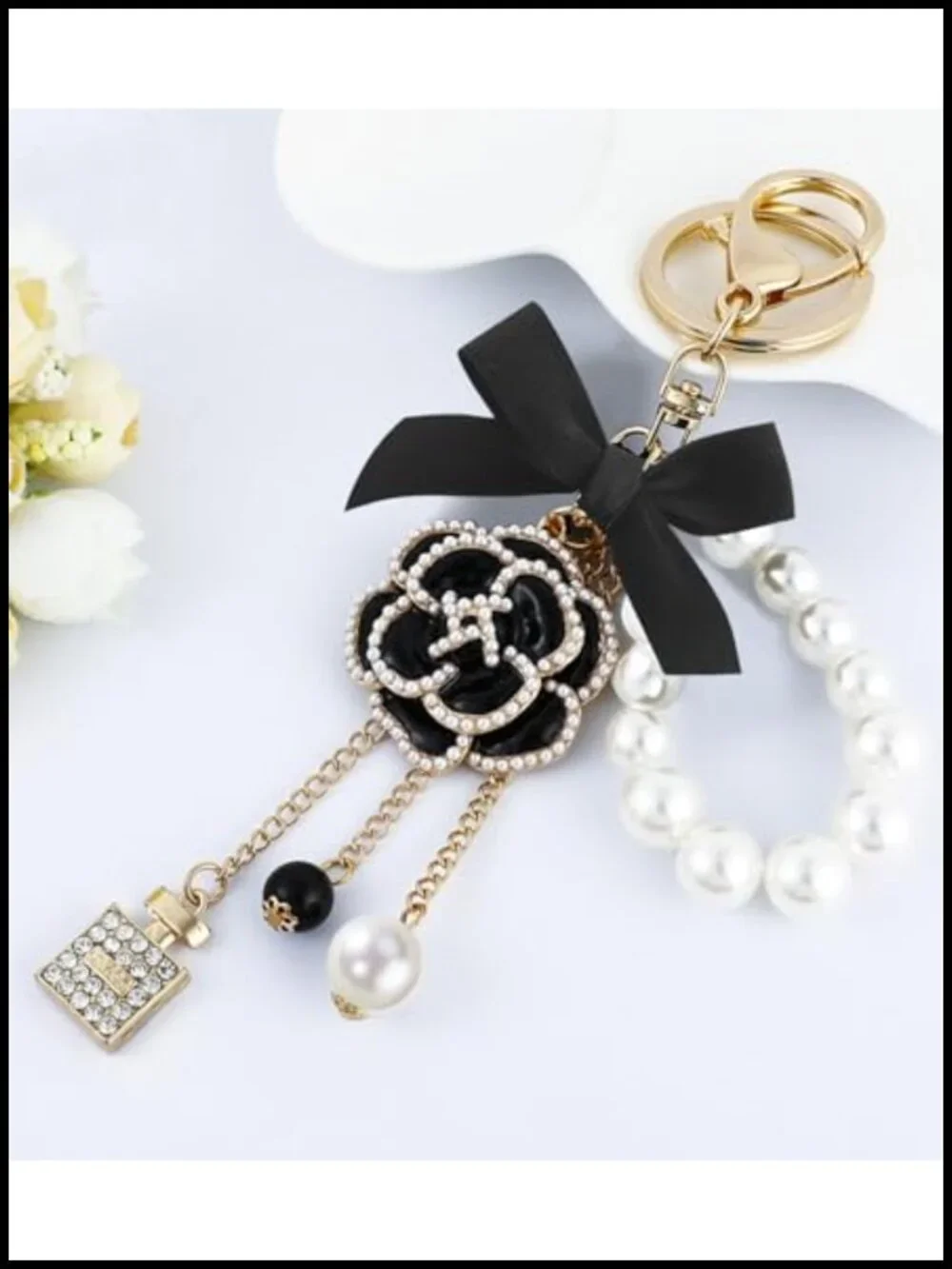 Metal Camellia Flower Bag Charm Keychain with Pearl, Bow-Knot Dangle for